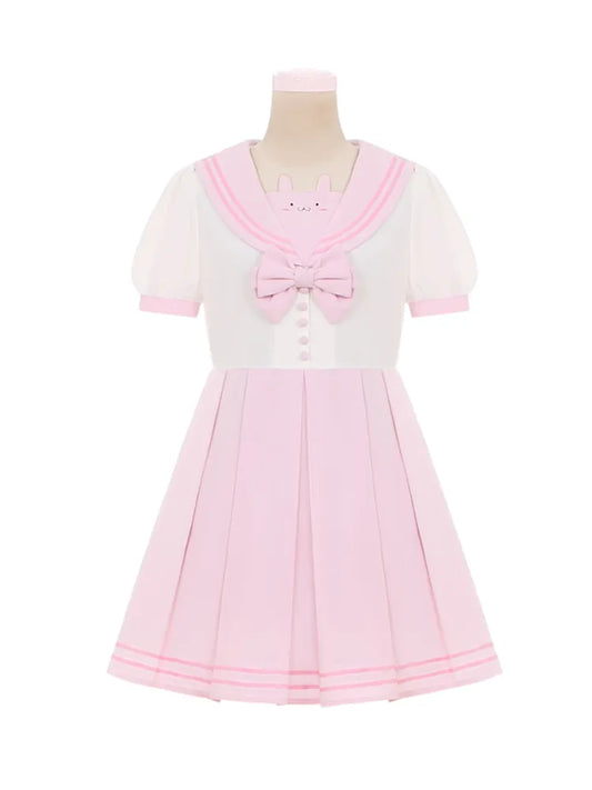 Pleat Bowknot Ears Bunny Collar Sailor Dress Pink Cute and White Box Skirt