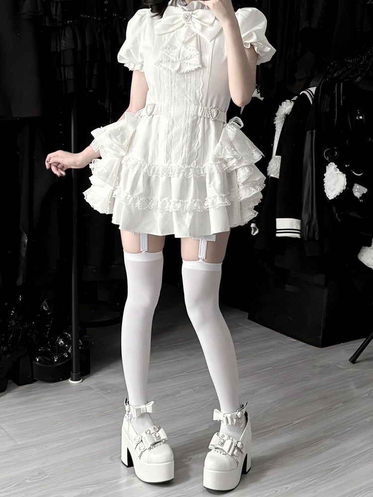 Bow and White Kei Flowing Dress Side Sleeves Tie Train，Shorts Set: with Puffy Gothic Jirai