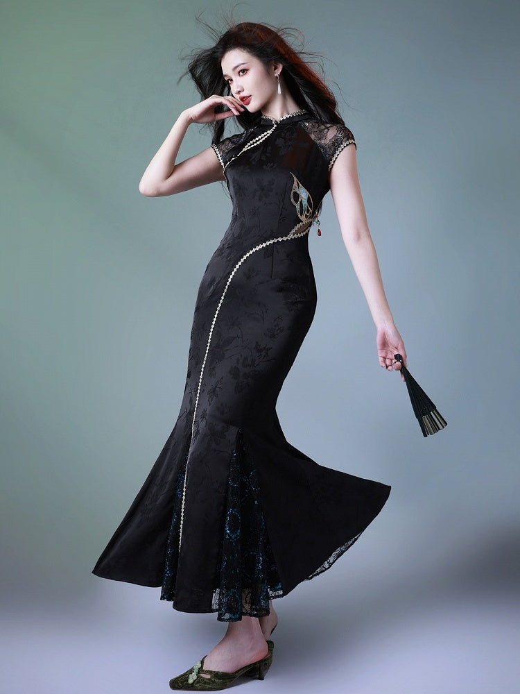 Butterfly Theme Classic Cheongsam Long Dress with Embroidered Fish Tail - sijinstudio
