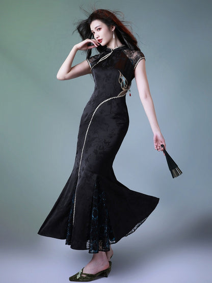 Butterfly Theme Classic Cheongsam Long Dress with Embroidered Fish Tail - sijinstudio
