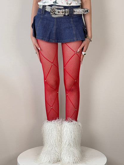 Crisscorss Banded Rhinestone Decorated Black/White/Red Tights