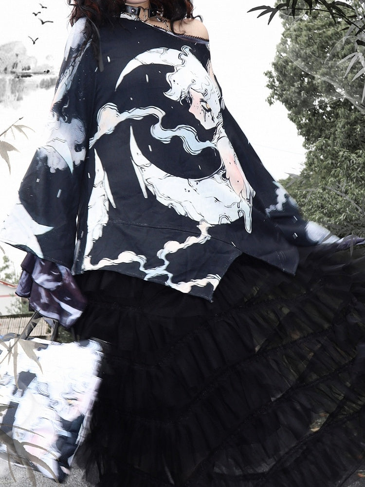 ファッションブラックムーンスリーブプロテクショントップロングとギャル漫画プリントサン