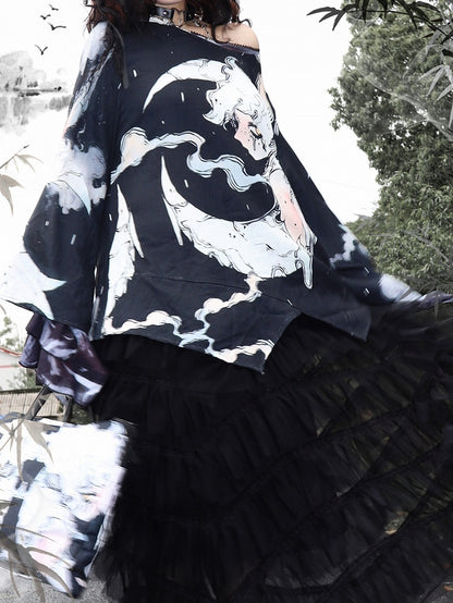 ファッションブラックムーンスリーブプロテクショントップロングとギャル漫画プリントサン