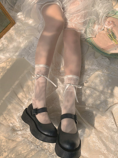 White/Black Calf Ribbon Bow Lace Socks Breathable