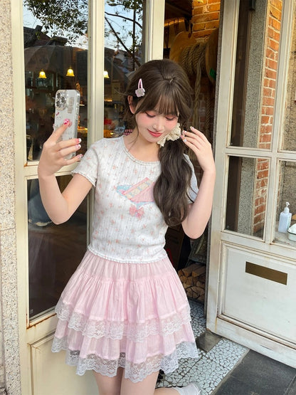 Sweet Floral T-Shirt Trim White Cake Print Lace