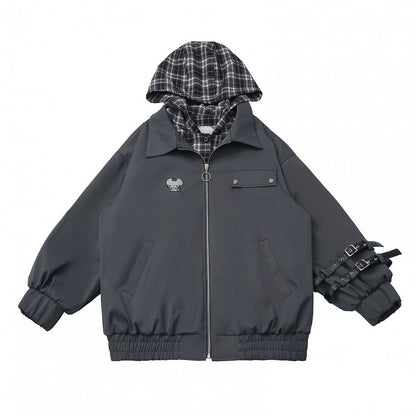 Pattern Jacket Hooded Unisex Grey Plaid - Two-piece