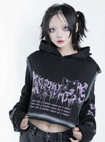 Dark Style Purple & Black Cat Symbol Graphic Cropped Hoodie with Shoulder Zip - Tribuo Flos