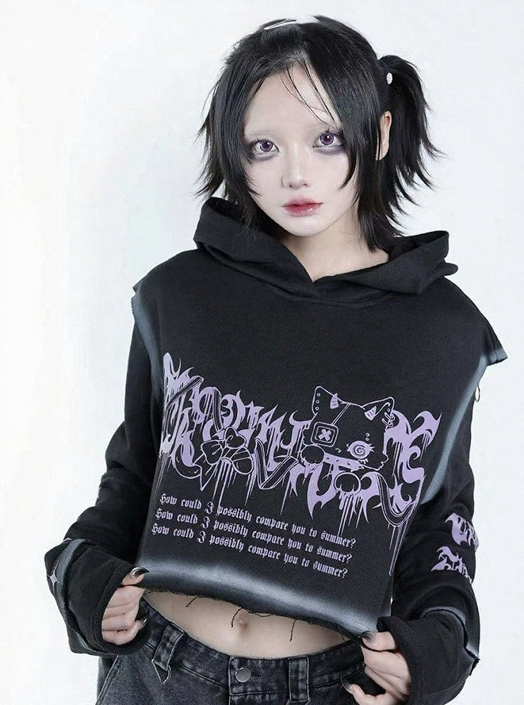 Dark Style Purple & Black Cat Symbol Graphic Cropped Hoodie with Shoulder Zip - Tribuo Flos