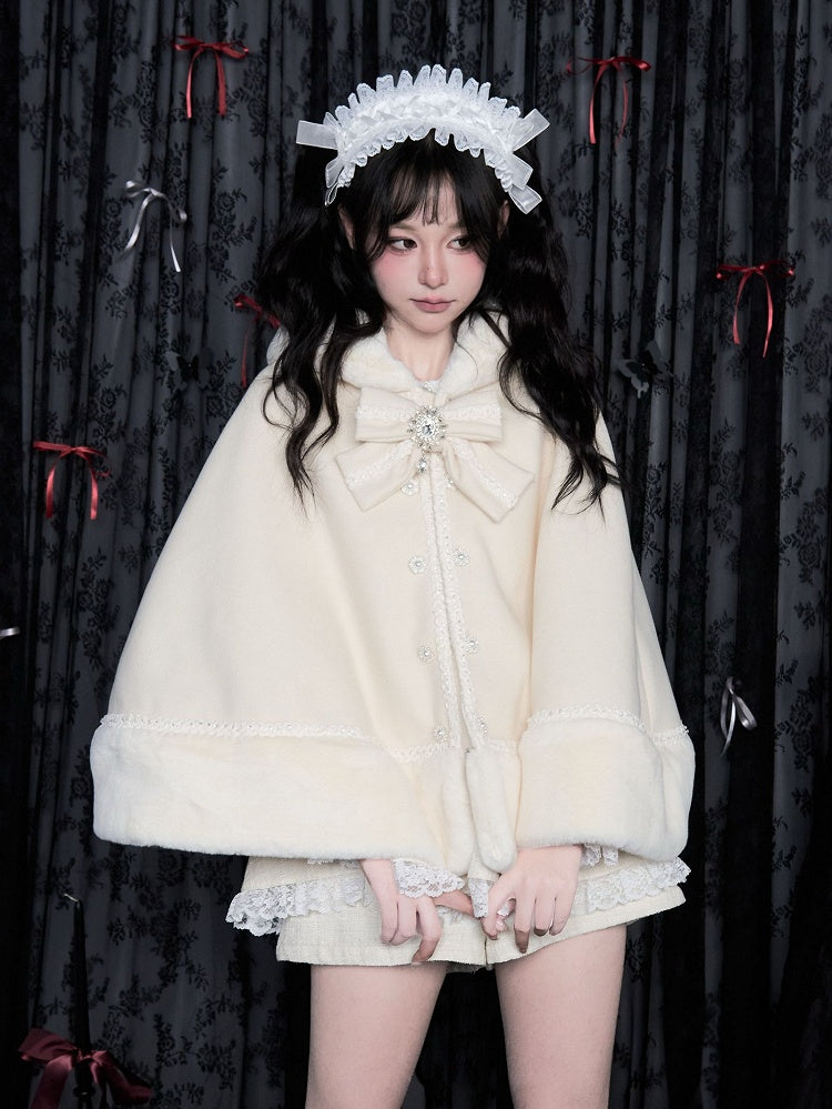 取り外し可能なジライケイぬいぐるみトリムミルクフード付きケープ、大きなリボン付きホワイト