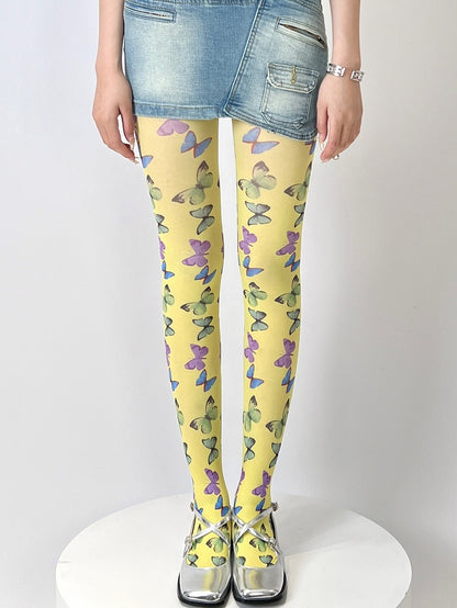 Yellow/Black Butterfly Print Tights