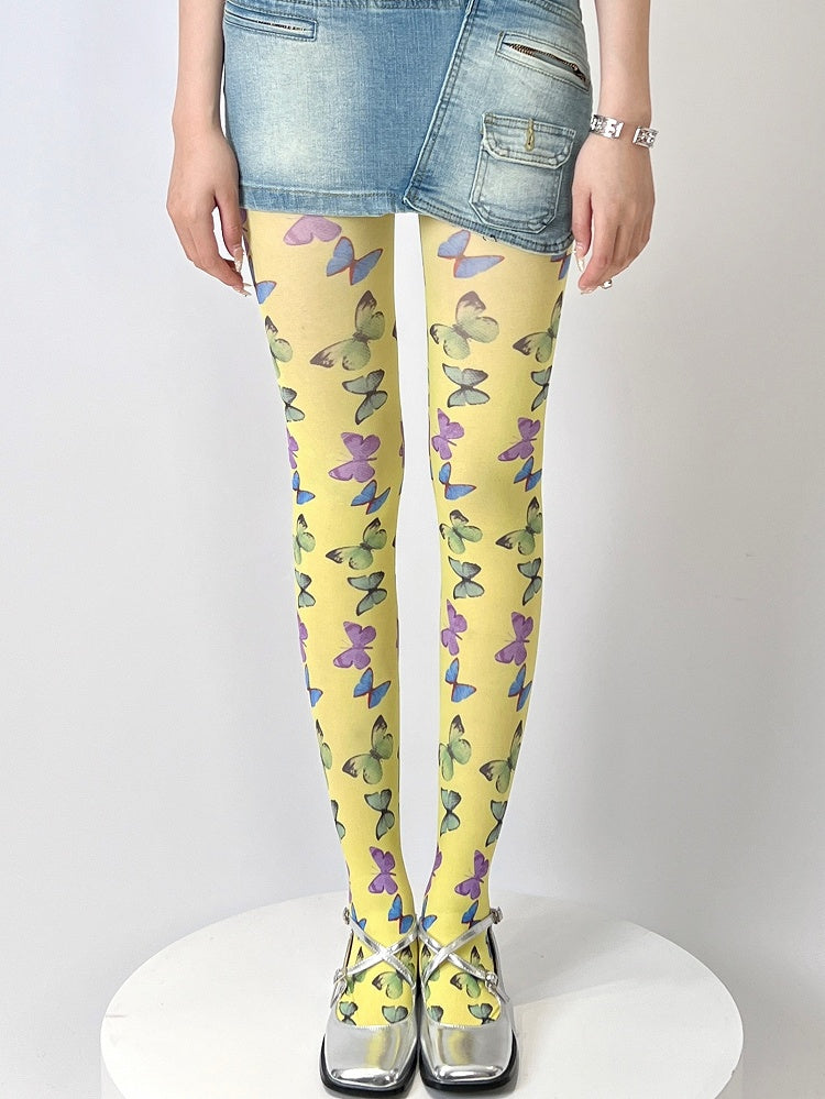 Tights Butterfly Print Yellow/Black