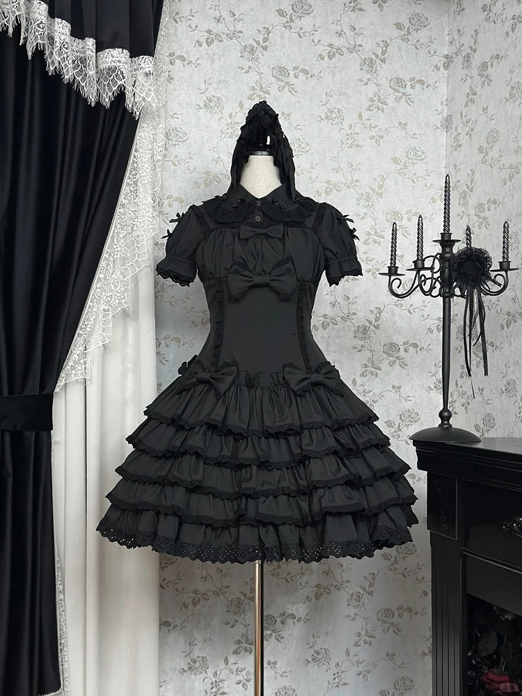 Gothic Tiered Bow Black Accents Lolita with Ruffles Dress