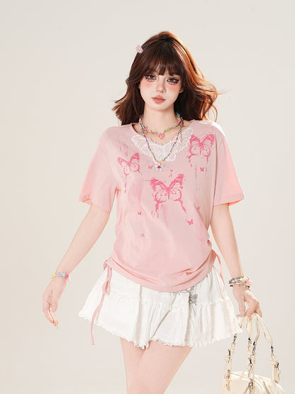 T-shirt Pink Neckline Lace with Drawstring Applique Print Side Butterfly