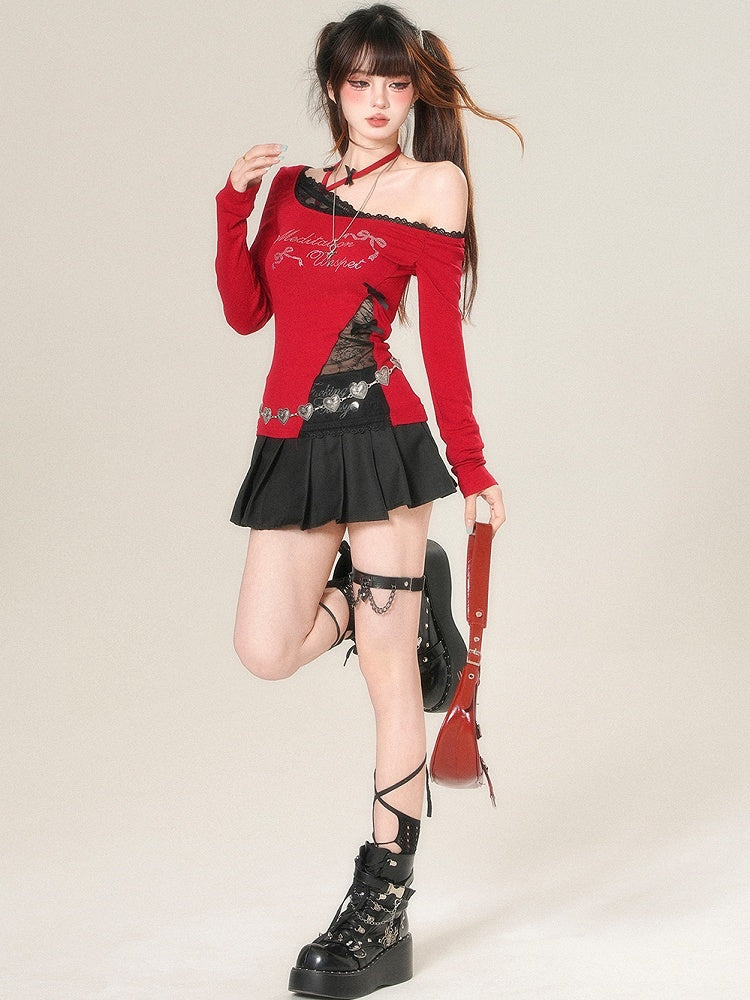 And Sleeves Letter Top Long Rhinestone Decorated Bowknot Glamorous Red/Black