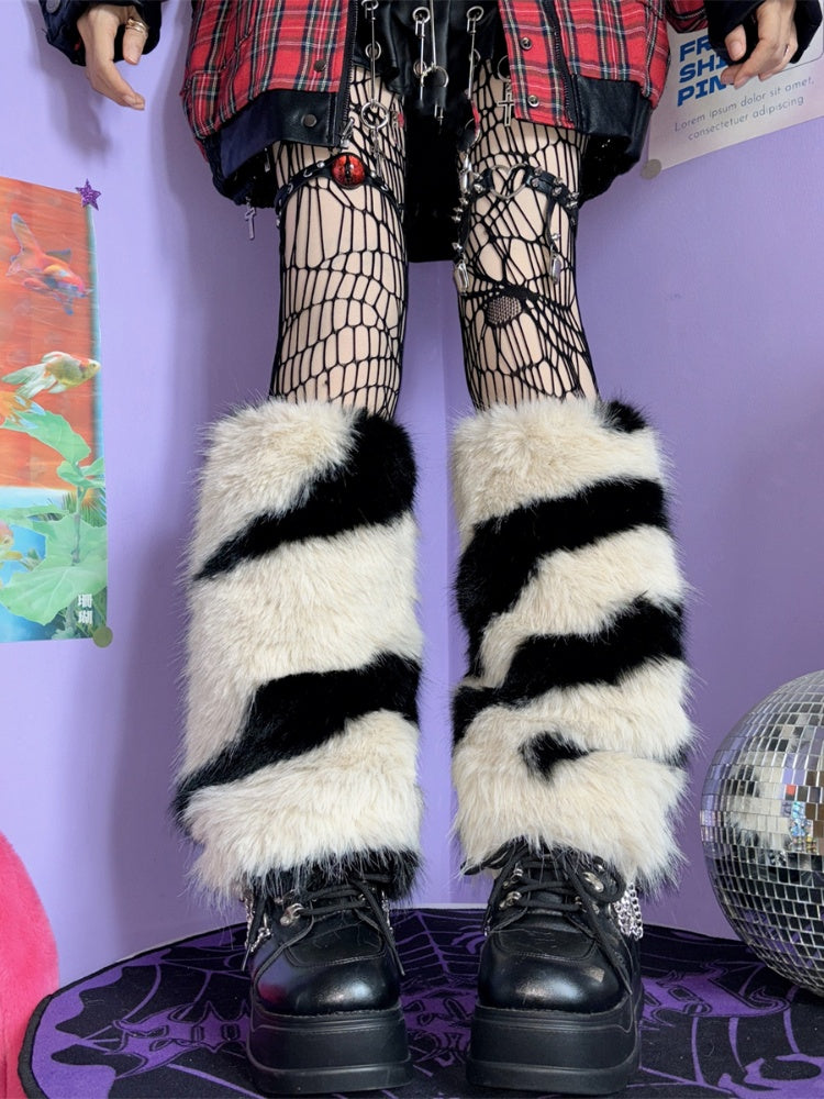 ベージュ/グレー Y2K ゼブラストライプ柄 40CM レッグウォーマー