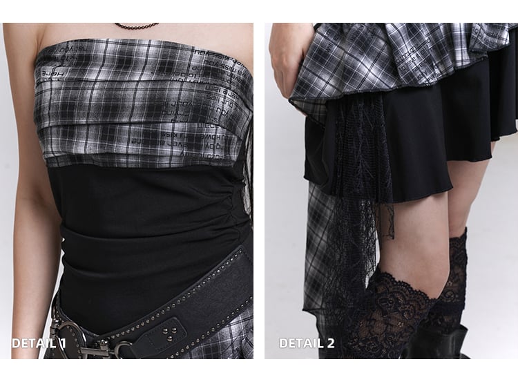 Trägerloses Kleid Rock Schwarz Weiß Plaid Asymmetrischer Saum Stufen