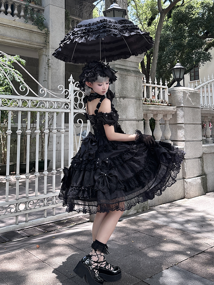 Alle Details mit Schleife Lolita Rückenkleid Perlen groß und Akzente Prinzessin Schwarz