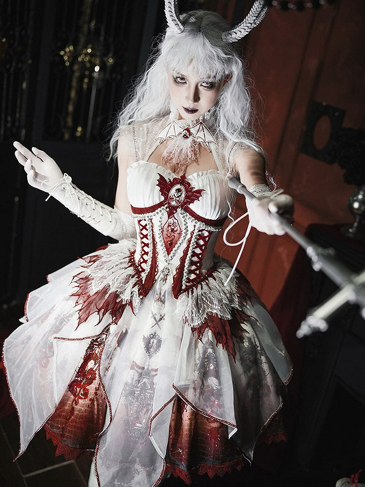 Red & White Bone Dragon Embroidery Halter Neck Gothic Lolita Dress Set - Ying Luo Fu