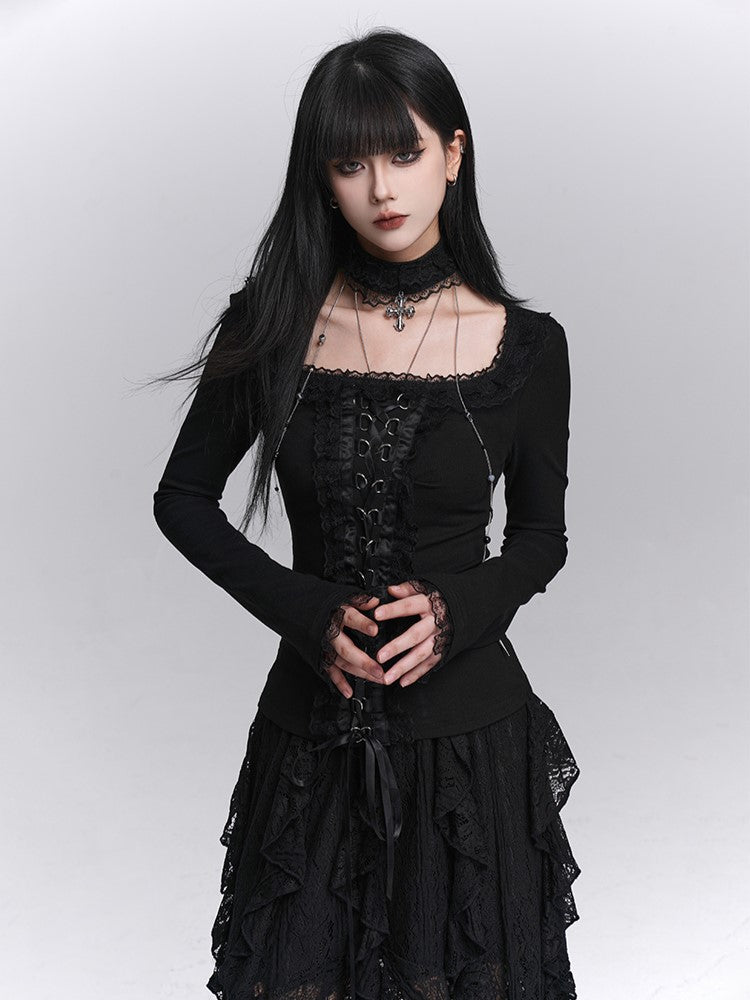Crisscross Choker Black Gothic Trim with Lace-Up Top Lace Front Halloween Matching