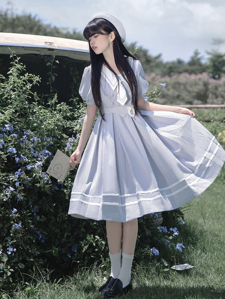 Weiß Gestreiften und Kleid Sommer Ärmeln Taille Puff Blau Gürtel mit