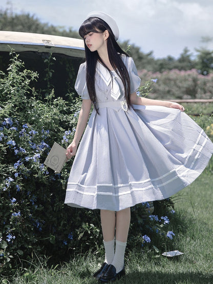 Weiß Gestreiften und Kleid Sommer Ärmeln Taille Puff Blau Gürtel mit