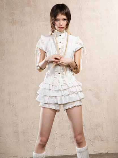 Print Crisscross Trim Short Punk Fashion White Top with Y2K Back Sleeve Puff Gyaru Leopard Ruffle Tie