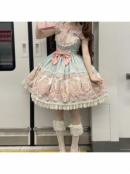 Doll Theme JSK Dress in Blue & Pink with Bow Accents, Lolita Style - Alice Girl