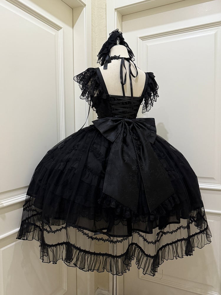 Dark with Details Hanayome-Style Bows Black Lolita Multi-Layer Lace Rhinestone Dress JSK