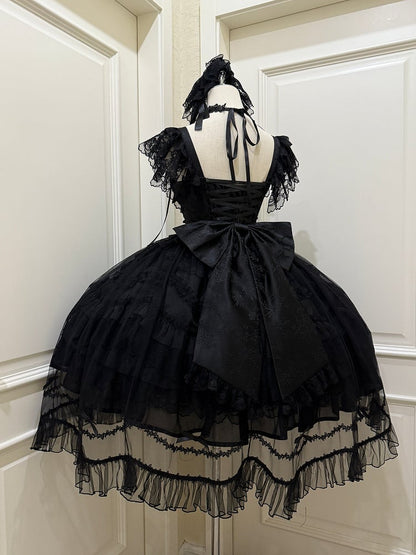 Dark with Details Hanayome-Style Bows Black Lolita Multi-Layer Lace Rhinestone Dress JSK
