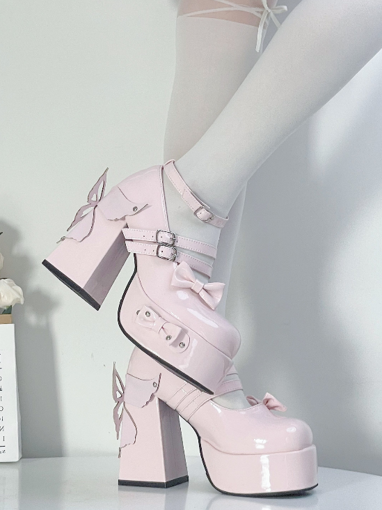 Bowknot Block Pink Stud Design Butterfly Lolita Platform Shoes Heels High
