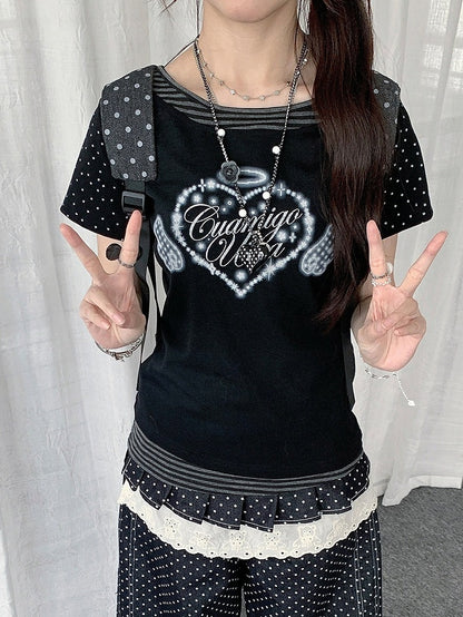 2-Color Y2K Polka Dot Striped Short Sleeve T-Shirt with Heart and Letter Print - Solkatt