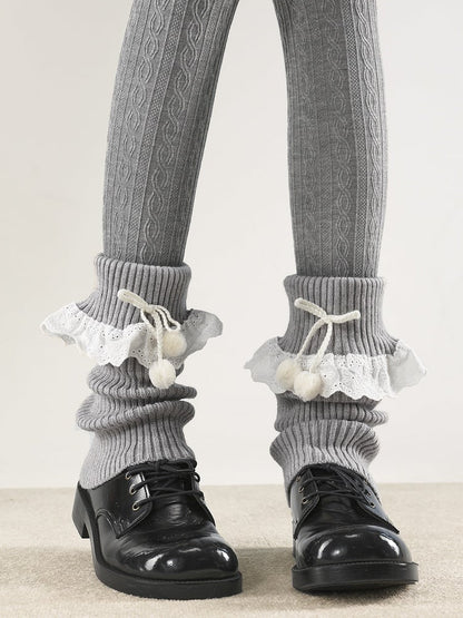 Warmers with Lace Collar 5 Pom-Poms Colors Trim Leg Turn-Down