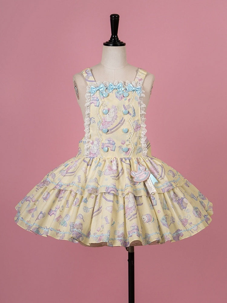 Charming Yellow Overall Gown with Bow Detail and Removable Apron Set - Vcastle