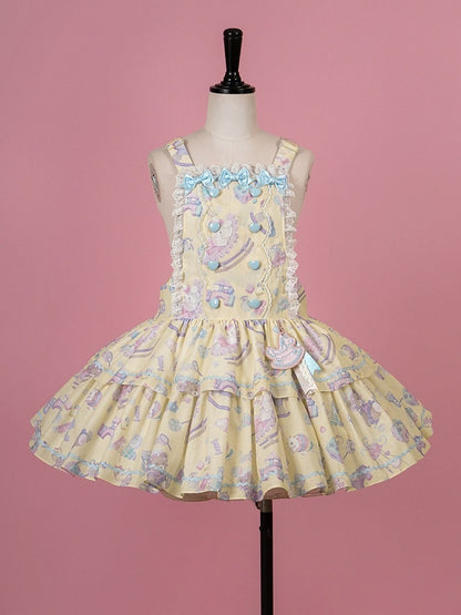 Charming Yellow Overall Gown with Bow Detail and Removable Apron Set - Vcastle