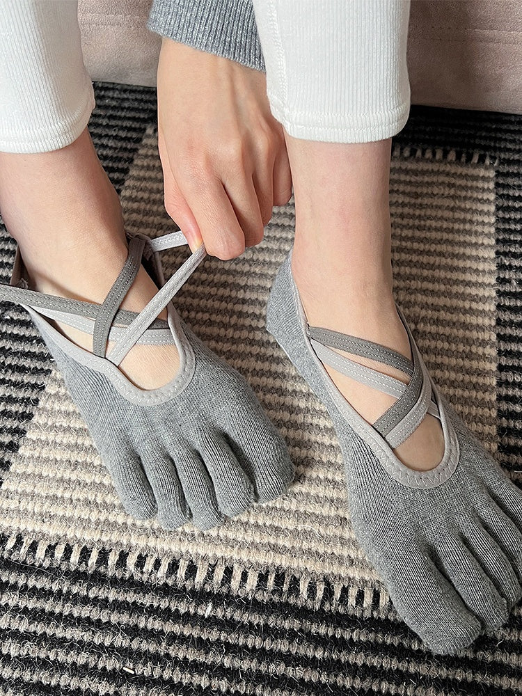 Non-Slip Colors) Five-Toe Yoga Criss-Cross Straps (2 Socks with