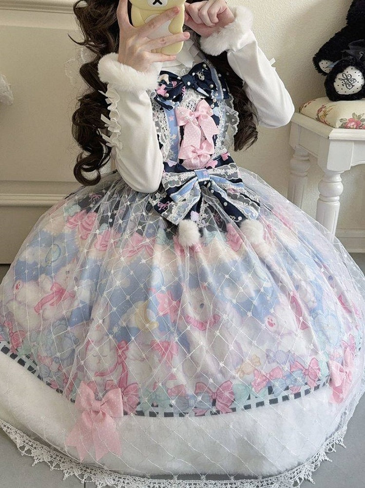 Pink Trim Bow Lolita Fur Dark Accents Hem Print Sweet Cat with and Dress Blue