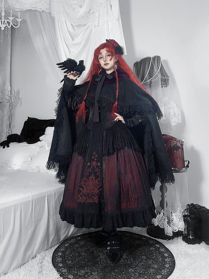 Neckline Embroidered Square Dress+Blouse+Cape+Brooch Set Red Lolita Black Gothic