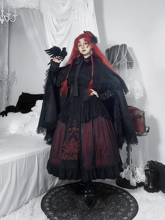 Neckline Embroidered Square Dress+Blouse+Cape+Brooch Set Red Lolita Black Gothic