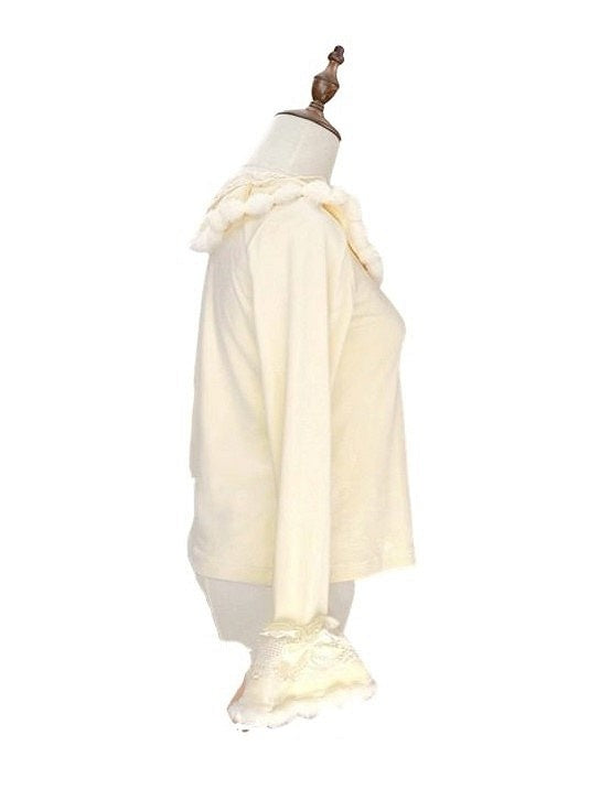 Cuffs Plush Lolita and Beige Bow Long-Sleeve with Details Top