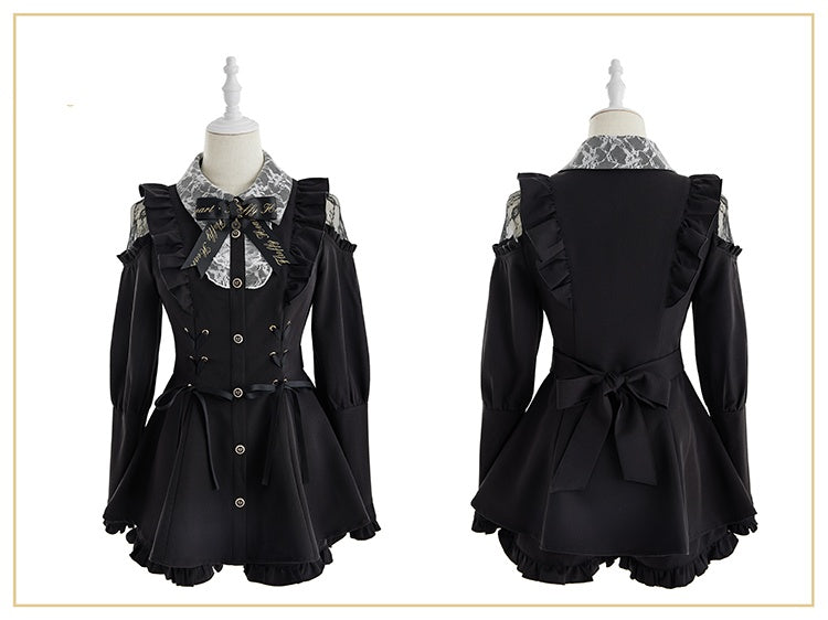 Shoulder Long Ruffle Jirai Hem Ensemble: Sleeve Black Cold Shorts Kei Top