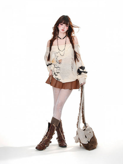 ダメージ加工の穴あきバタフライニットトップス、ネックライン アプリコット オフショルダー