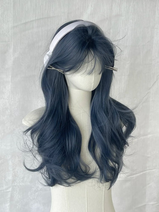 with Bangs Wavy Dusty 65CM Blue Wig
