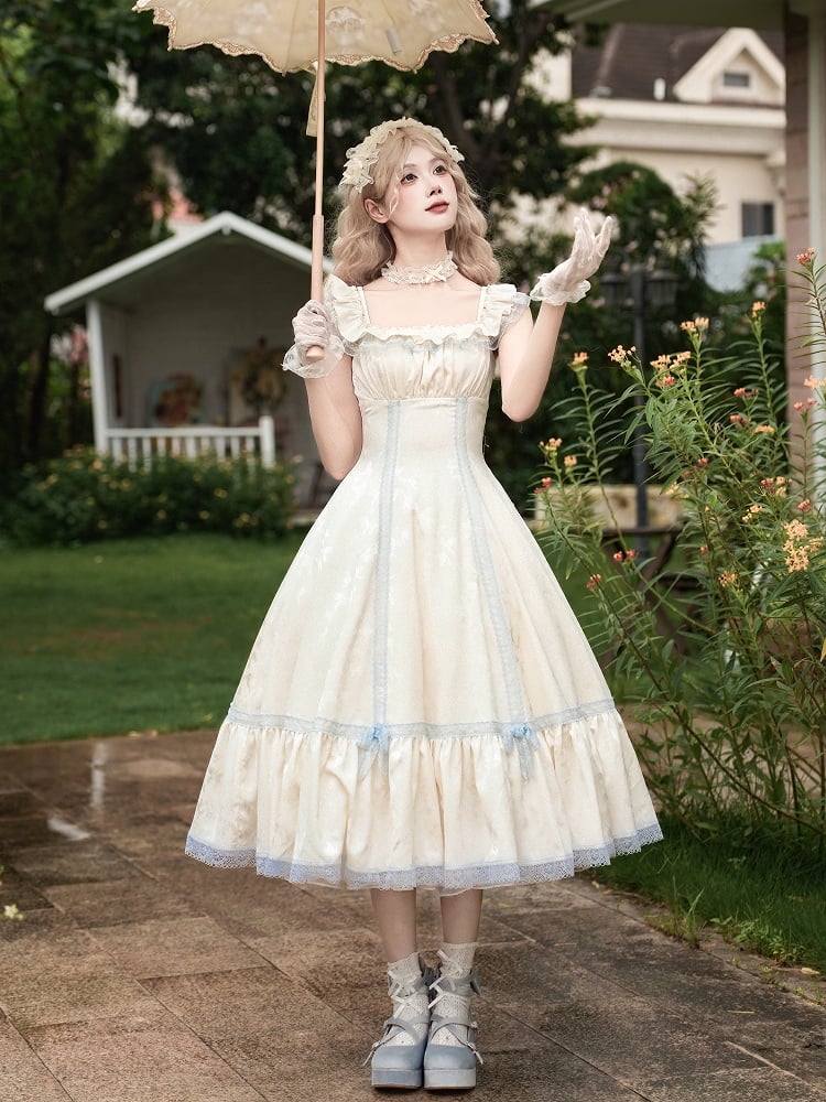 Slim Beige Waist Light Lolita Blue Dress Neckline and Versatile Fit
