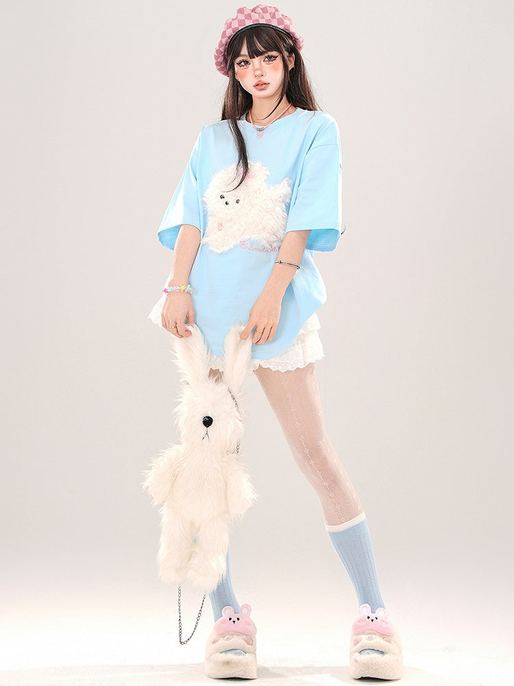 Blue/Grey/Black Plush Puppy Applique Loose T-shirt