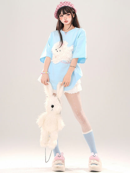 Blue/Grey/Black Plush Puppy Applique Loose T-shirt