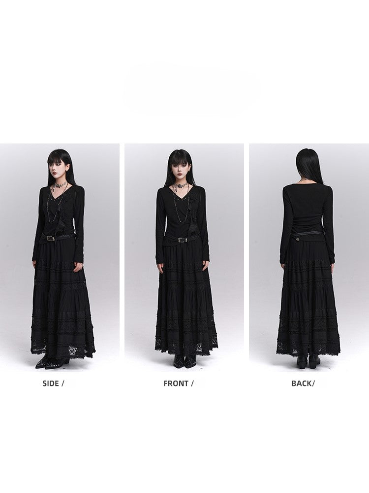 3D with Rose Ruched Top Black Gothic Sleeve Ribbon V-Neck Detail Long