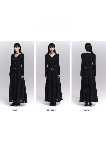 3D with Rose Ruched Top Black Gothic Sleeve Ribbon V-Neck Detail Long