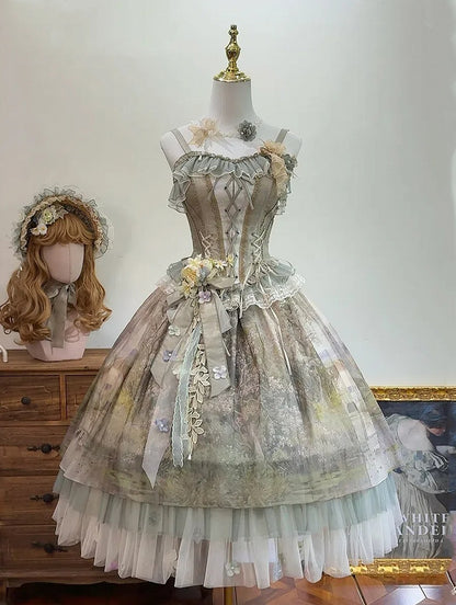 Green Oil Painting Print Flowers Tulle Hemline Lolita Skirt