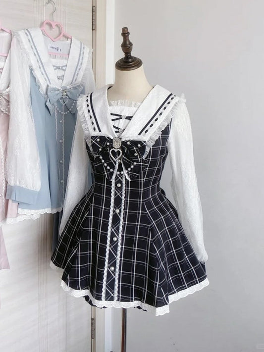 Jirai Collar Dress Beaded Tie Long Set Shorts Kei with - Black Mini Bow Plaid Sleeves and Sailor