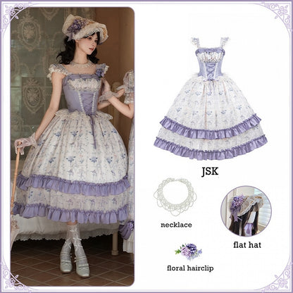 Voller Lolita-Druck, Iris, Blumenmuster, Miederkleid mit Knochen, Korsett, klassisch, Lila, JSK